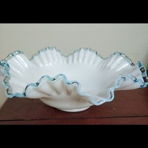 Vintage Fenton White Ruffled Glass Bowl Baby Blue Trim Centerpiece